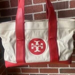 Tory Burch Red/White/Blue Striped Canvas/Leather Tote Satchel